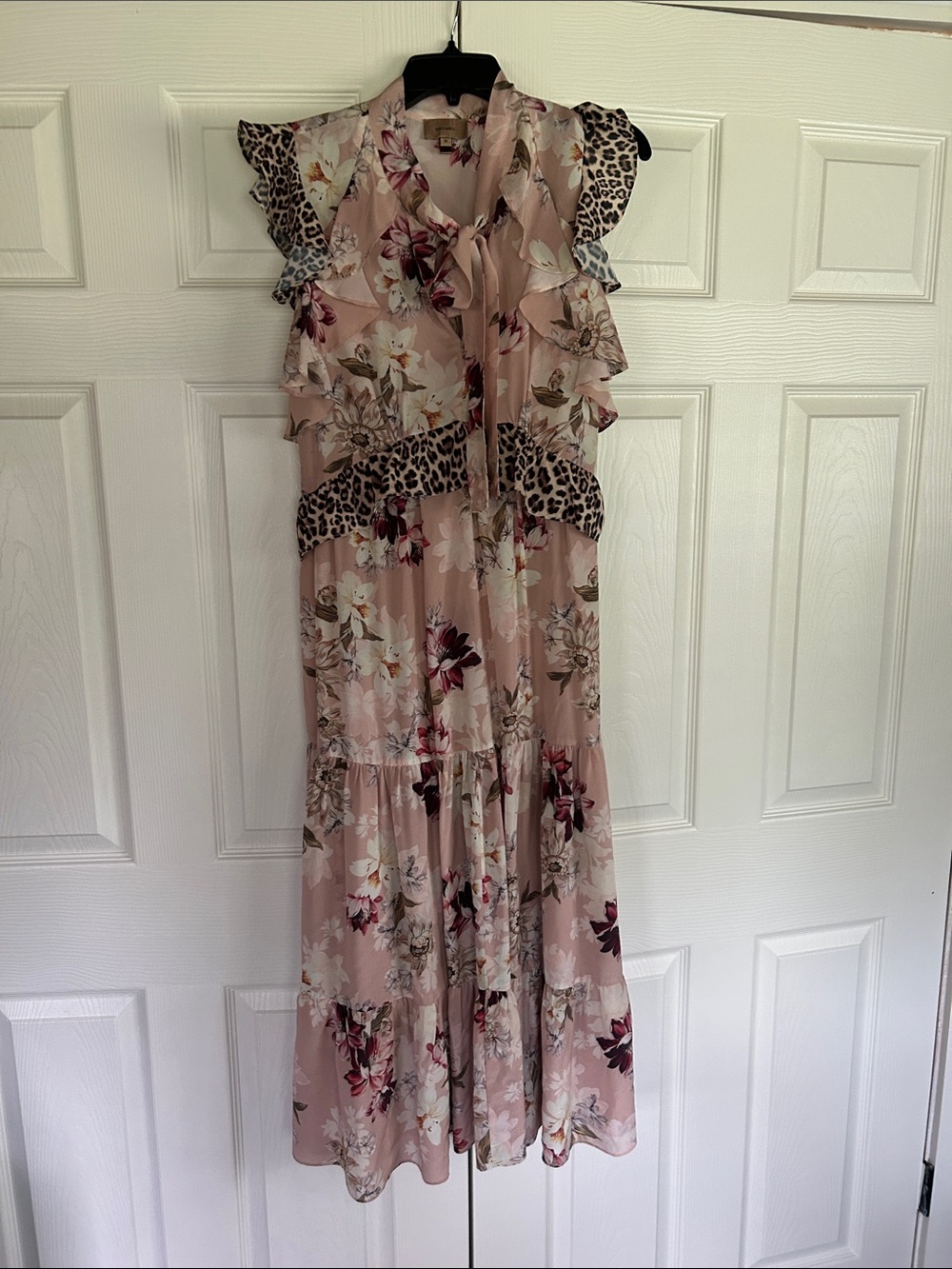Blush Pink Floral Maxi Dress with Leopard Trim